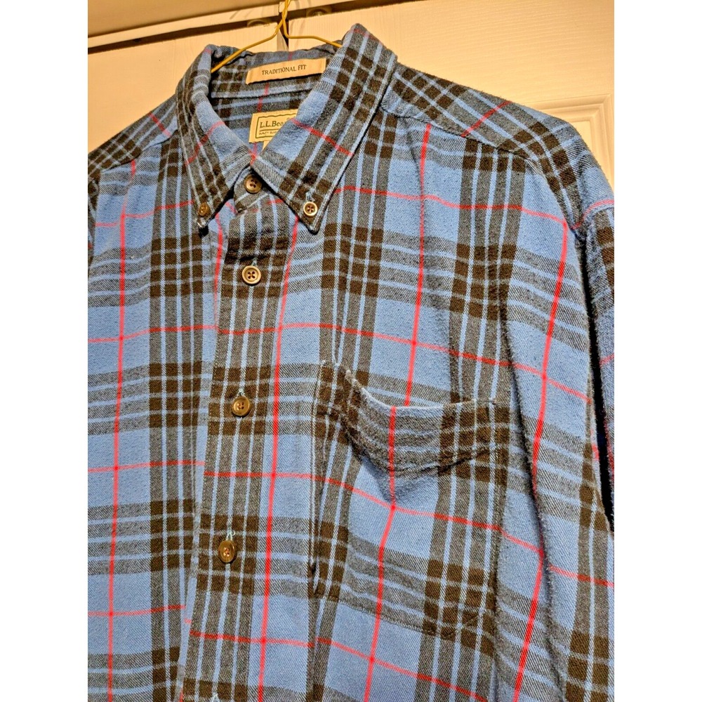VTG LL Bean Men Traditional Fit Plaid Blue/Red Holiday Flannel Shirt Sz L Cotton - Picture 4 of 16